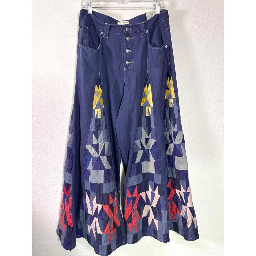 Free People Bohemian Retro 70s Kaleidoscope Patchwork Wide Leg Jeans Size 30 NWT - Picture 8 of 12